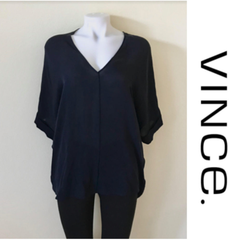 VINCE Silk V-Neck Bat Wing High Low Blouse
